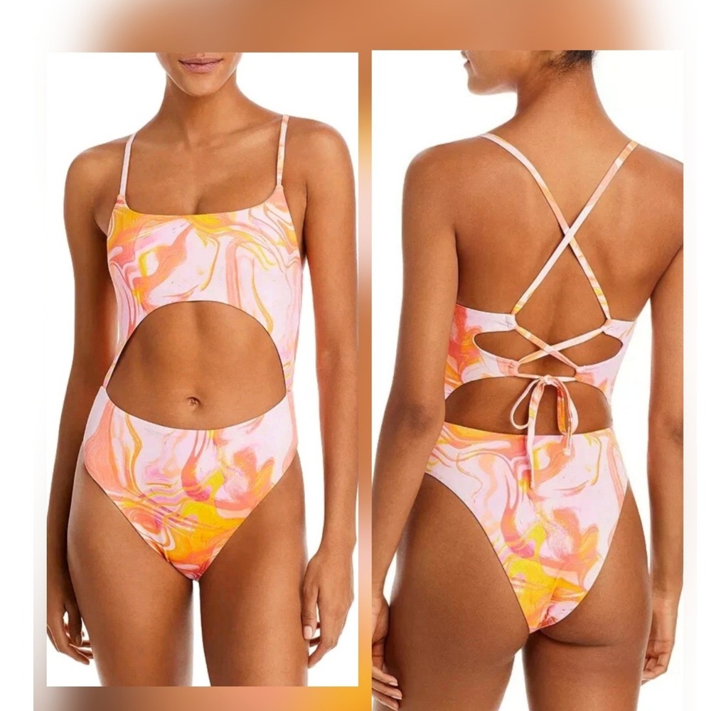 NWT AQUA Swim One Piece Pink Multi Marble Swirl Cutout Womens Size M - Picture 1 of 5